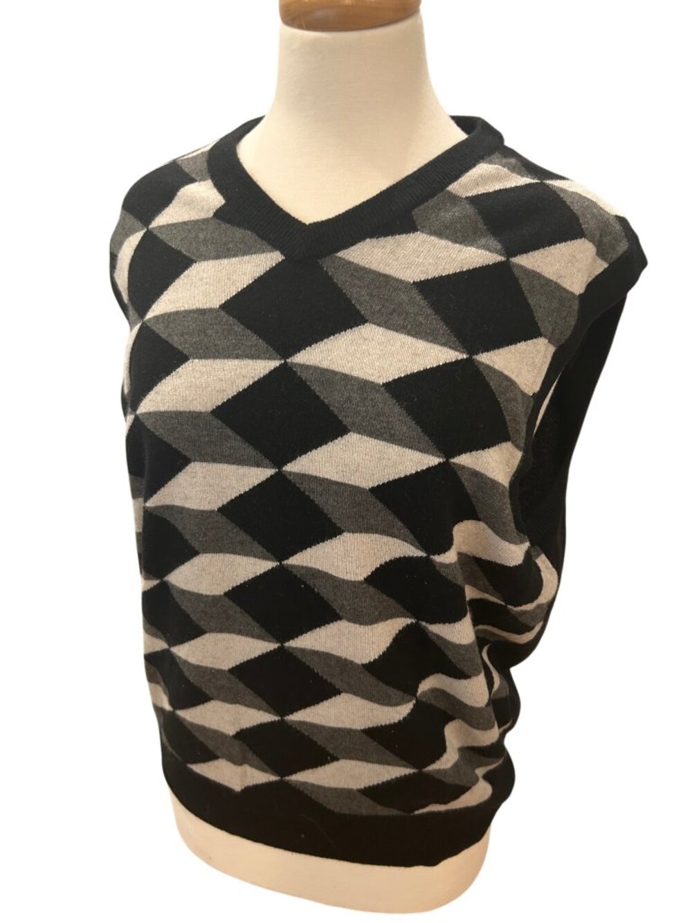 Austin Reed Silk Cashmere Argyle Sweater Vest Black Gray Cream Men's M